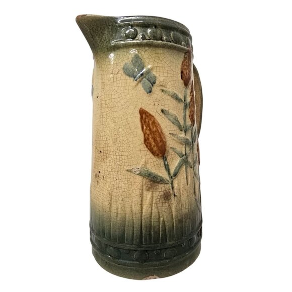 9.5" Vintage Roseville Golden Rod Pitcher Cattails & Butterfly Pottery - Picture 3 of 8
